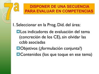 1. Seleccionar en la Prog. Did. del área:
Los indicadores de evaluación del tema
(concreción de los CE), sin olvidar las
ccbb asociadas
Objetivos (¿formulación conjunta?)
Contenidos (los que toque en ese tema)
DISPONER DE UNA SECUENCIA
PARA EVALUAR EN COMPETENCIAS
 