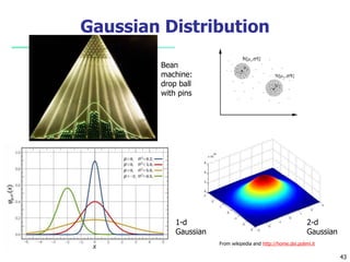 Gaussian Distribution 
43 
From wikipedia and http://home.dei.polimi.it 
Bean 
machine: 
drop ball 
with pins 
1-d 
Gaussian 
2-d 
Gaussian 
 