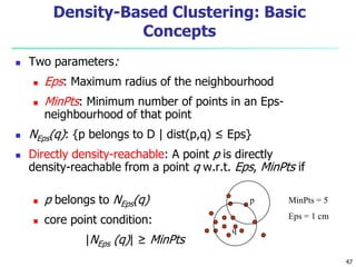 Density-Based Clustering: Basic 
Concepts 
 Two parameters: 
 Eps: Maximum radius of the neighbourhood 
 MinPts: Minimum number of points in an Eps-neighbourhood 
of that point 
 NEps(q): {p belongs to D | dist(p,q) ≤ Eps} 
 Directly density-reachable: A point p is directly 
density-reachable from a point q w.r.t. Eps, MinPts if 
 p belongs to NEps(q) 
 core point condition: 
|NEps (q)| ≥ MinPts 
MinPts = 5 
Eps = 1 cm 
p 
q 
47 
 