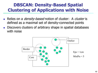 DBSCAN: Density-Based Spatial 
Clustering of Applications with Noise 
 Relies on a density-based notion of cluster: A cluster is 
defined as a maximal set of density-connected points 
 Discovers clusters of arbitrary shape in spatial databases 
with noise 
Border 
Core 
Outlier 
Eps = 1cm 
MinPts = 5 
49 
 