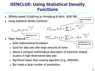 DENCLUE: Using Statistical Density 
Functions 
 DENsity-based CLUstEring by Hinneburg & Keim (KDD’98) 
 Using statistical density functions: 
f ( x , y ) 
 
e Gaussian 
 Major features 
d x y 
( , ) 
 
2 
2 2   
 Solid mathematical foundation 
 Good for data sets with large amounts of noise 
( , ) 
N 
i 
( , ) 
 Allows a compact mathematical description of arbitrarily shaped 
clusters in high-dimensional data sets 
 Significant faster than existing algorithm (e.g., DBSCAN) 
 But needs a large number of parameters 
 
 
N 
i 
d x x 
D 
Gaussian 
i 
f x e 
1 
2 
2 
2 
( )  
  
 
    
d x x 
i i 
D 
Gaussian 
i 
f x x x x e 
1 
2 
2 
2 
( , ) ( )  
influence of y 
on x 
total influence 
on x 
gradient of x in 
the direction of 
xi 
57 
 