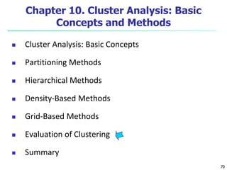 70 
Chapter 10. Cluster Analysis: Basic 
Concepts and Methods 
 Cluster Analysis: Basic Concepts 
 Partitioning Methods 
 Hierarchical Methods 
 Density-Based Methods 
 Grid-Based Methods 
 Evaluation of Clustering 
 Summary 
 