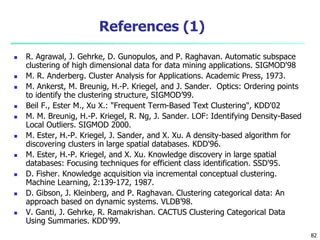 References (1) 
 R. Agrawal, J. Gehrke, D. Gunopulos, and P. Raghavan. Automatic subspace 
clustering of high dimensional data for data mining applications. SIGMOD'98 
 M. R. Anderberg. Cluster Analysis for Applications. Academic Press, 1973. 
 M. Ankerst, M. Breunig, H.-P. Kriegel, and J. Sander. Optics: Ordering points 
to identify the clustering structure, SIGMOD’99. 
 Beil F., Ester M., Xu X.: "Frequent Term-Based Text Clustering", KDD'02 
 M. M. Breunig, H.-P. Kriegel, R. Ng, J. Sander. LOF: Identifying Density-Based 
Local Outliers. SIGMOD 2000. 
 M. Ester, H.-P. Kriegel, J. Sander, and X. Xu. A density-based algorithm for 
discovering clusters in large spatial databases. KDD'96. 
 M. Ester, H.-P. Kriegel, and X. Xu. Knowledge discovery in large spatial 
databases: Focusing techniques for efficient class identification. SSD'95. 
 D. Fisher. Knowledge acquisition via incremental conceptual clustering. 
Machine Learning, 2:139-172, 1987. 
 D. Gibson, J. Kleinberg, and P. Raghavan. Clustering categorical data: An 
approach based on dynamic systems. VLDB’98. 
 V. Ganti, J. Gehrke, R. Ramakrishan. CACTUS Clustering Categorical Data 
Using Summaries. KDD'99. 
82 
 
