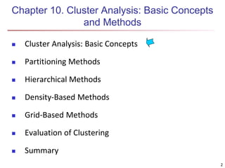 2
Chapter 10. Cluster Analysis: Basic Concepts
and Methods
 Cluster Analysis: Basic Concepts
 Partitioning Methods
 Hierarchical Methods
 Density-Based Methods
 Grid-Based Methods
 Evaluation of Clustering
 Summary
2
 