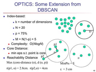 OPTICS: Some Extension from
DBSCAN
 Index-based:
 k = number of dimensions
 N = 20
 p = 75%
 M = N(1-p) = 5
 Complexity: O(NlogN)
 Core Distance:
 min eps s.t. point is core
 Reachability Distance
D
p2
MinPts = 5
e = 3 cm
Max (core-distance (o), d (o, p))
r(p1, o) = 2.8cm. r(p2,o) = 4cm
o
o
p1
48
 