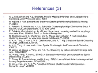References (3)
 G. J. McLachlan and K.E. Bkasford. Mixture Models: Inference and Applications to
Clustering. John Wiley and Sons, 1988.
 R. Ng and J. Han. Efficient and effective clustering method for spatial data mining.
VLDB'94.
 L. Parsons, E. Haque and H. Liu, Subspace Clustering for High Dimensional Data: A
Review, SIGKDD Explorations, 6(1), June 2004
 E. Schikuta. Grid clustering: An efficient hierarchical clustering method for very large
data sets. Proc. 1996 Int. Conf. on Pattern Recognition
 G. Sheikholeslami, S. Chatterjee, and A. Zhang. WaveCluster: A multi-resolution
clustering approach for very large spatial databases. VLDB’98.
 A. K. H. Tung, J. Han, L. V. S. Lakshmanan, and R. T. Ng. Constraint-Based Clustering
in Large Databases, ICDT'01.
 A. K. H. Tung, J. Hou, and J. Han. Spatial Clustering in the Presence of Obstacles,
ICDE'01
 H. Wang, W. Wang, J. Yang, and P.S. Yu. Clustering by pattern similarity in large data
sets, SIGMOD’02
 W. Wang, Yang, R. Muntz, STING: A Statistical Information grid Approach to Spatial
Data Mining, VLDB’97
 T. Zhang, R. Ramakrishnan, and M. Livny. BIRCH : An efficient data clustering method
for very large databases. SIGMOD'96
 X. Yin, J. Han, and P. S. Yu, “LinkClus: Efficient Clustering via Heterogeneous
Semantic Links”, VLDB'06
74
 