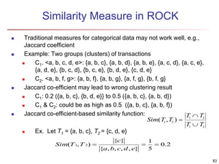 83
Similarity Measure in ROCK
 Traditional measures for categorical data may not work well, e.g.,
Jaccard coefficient
 Example: Two groups (clusters) of transactions
 C1. <a, b, c, d, e>: {a, b, c}, {a, b, d}, {a, b, e}, {a, c, d}, {a, c, e},
{a, d, e}, {b, c, d}, {b, c, e}, {b, d, e}, {c, d, e}
 C2. <a, b, f, g>: {a, b, f}, {a, b, g}, {a, f, g}, {b, f, g}
 Jaccard co-efficient may lead to wrong clustering result
 C1: 0.2 ({a, b, c}, {b, d, e}} to 0.5 ({a, b, c}, {a, b, d})
 C1 & C2: could be as high as 0.5 ({a, b, c}, {a, b, f})
 Jaccard co-efficient-based similarity function:
 Ex. Let T1 = {a, b, c}, T2 = {c, d, e}
Sim T T
T T
T T
( , )1 2
1 2
1 2



2.0
5
1
},,,,{
}{
),( 21 
edcba
c
TTSim
 