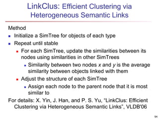 LinkClus: Efficient Clustering via
Heterogeneous Semantic Links
Method
 Initialize a SimTree for objects of each type
 Repeat until stable
 For each SimTree, update the similarities between its
nodes using similarities in other SimTrees
 Similarity between two nodes x and y is the average
similarity between objects linked with them
 Adjust the structure of each SimTree
 Assign each node to the parent node that it is most
similar to
For details: X. Yin, J. Han, and P. S. Yu, “LinkClus: Efficient
Clustering via Heterogeneous Semantic Links”, VLDB'06
94
 