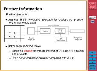 444
Back
Close
Further Information
Further standards:
• Lossless JPEG: Predictive approach for lossless compression
(why?), not widely used
• JPEG 2000: ISO/IEC 15444
– Based on wavelet transform, instead of DCT, no 8 × 8 blocks,
less artefacts
– Often better compression ratio, compared with JPEG
 