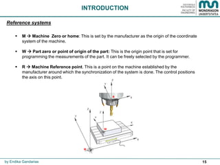 15
 M  Machine Zero or home: This is set by the manufacturer as the origin of the coordinate
system of the machine.
 W  Part zero or point of origin of the part: This is the origin point that is set for
programming the measurements of the part. It can be freely selected by the programmer.
 R  Machine Reference point. This is a point on the machine established by the
manufacturer around which the synchronization of the system is done. The control positions
the axis on this point.
by Endika Gandarias
INTRODUCTION
Reference systems
 