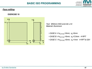 47by Endika Gandarias
Face milling
EXERCISE 10
Tool: Ø50mm HSS end-mill, z=4
Material: Aluminium
• CASE A  apTOTAL=5mm; ap=5mm
• CASE B  apTOTAL=5mm; ap=2.5mm  RPT
• CASE C  apTOTAL=5mm; ap=1mm  RPT & G91
BASIC ISO PROGRAMMING
 