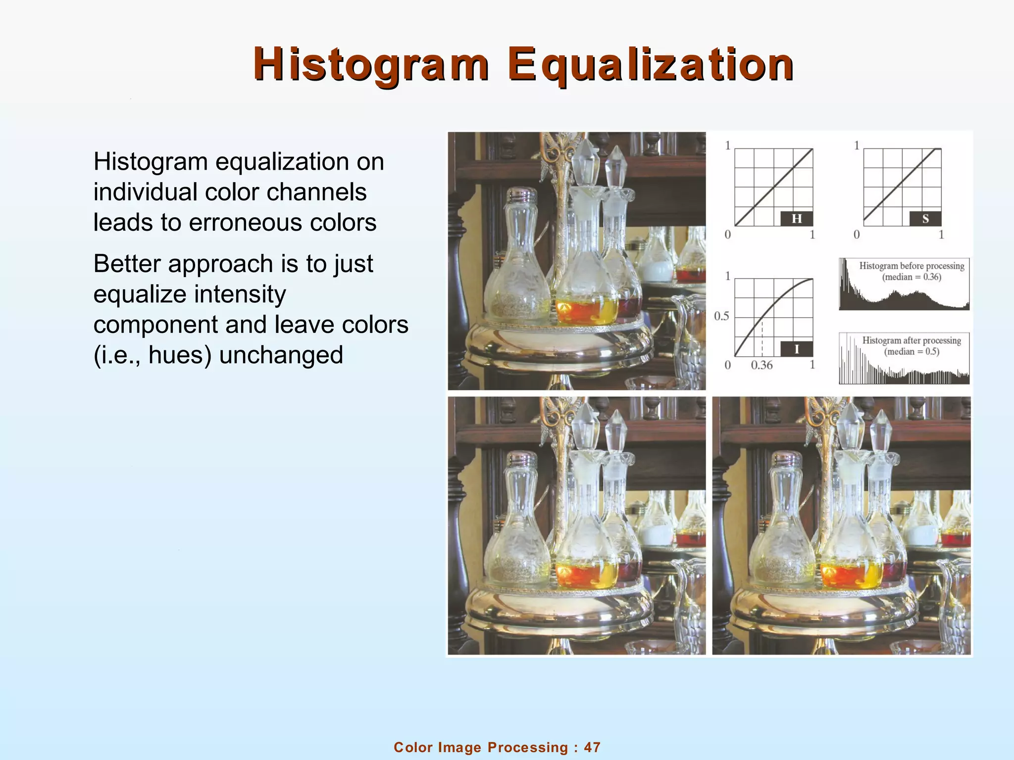 Color Image Processing : 47
Histogram EqualizationHistogram Equalization
Histogram equalization on
individual color channels
leads to erroneous colors
Better approach is to just
equalize intensity
component and leave colors
(i.e., hues) unchanged
 