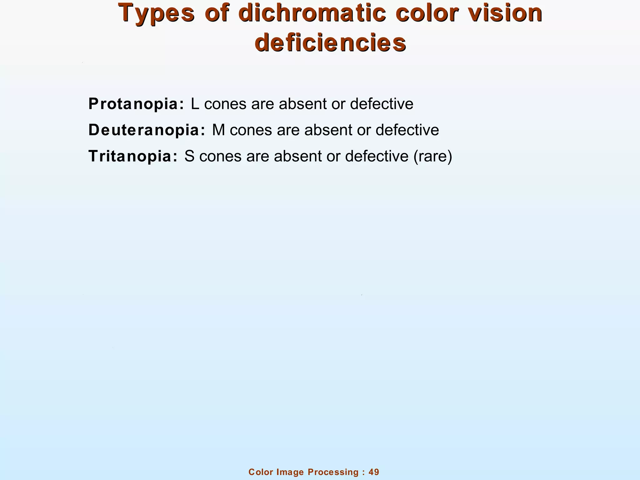 Color Image Processing : 49
Types of dichromatic color visionTypes of dichromatic color vision
deficienciesdeficiencies
Protanopia: L cones are absent or defective
Deuteranopia: M cones are absent or defective
Tritanopia: S cones are absent or defective (rare)
 