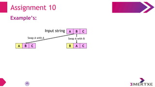 Assignment 10
Example’s:
A B C
Input string
Swap A with A
A B C B A C
Swap A with B
 