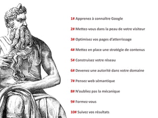 1# Apprenez à connaître Google 
2# Mettez-vous dans la peau de votre visiteur 
3# Optimisez vos pages d’atterrissage 
4# Mettez en place une stratégie de contenus 
5# Construisez votre réseau 
6# Devenez une autorité dans votre domaine 
7# Pensez web sémantique 
8# N’oubliez pas la mécanique 
9# Formez-vous 
10# Suivez vos résultats  