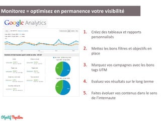 Monitorez = optimisez en permanence votre visibilité 
1.Créez des tableaux et rapports personnalisés 
2.Mettez les bons filtres et objectifs en place 
3.Marquez vos campagnes avec les bons tags UTM 
4.Evaluez vos résultats sur le long terme 
5.Faites évoluer vos contenus dans le sens de l’internaute  