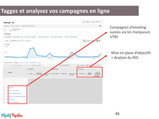 Taggez et analysez vos campagnes en ligne 
61 
Campagnes d’emailing suivies via les marqueurs UTM 
Mise en place d’objectifs = Analyse du ROI  