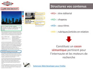 Structurez vos contenus
<H1> : titre éditorial
<H2> : chapeau
<H3> : sous-titres
<H4> : rubriques/articles en relation
Constituez un cocon
sémantique pertinent pour
l’internaute et les moteurs de
recherche
Extension Web Developer pour Firefox
 