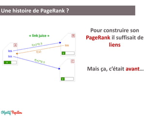 Une histoire de PageRank ?
Pour construire son
PageRank il suffisait de
liens
Mais ça, c’était avant…
« link juice »
 