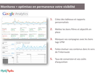 Monitorez = optimisez en permanence votre visibilité
1. Créez des tableaux et rapports
personnalisés
2. Mettez les bons filtres et objectifs en
place
3. Marquez vos campagnes avec les bons
tags UTM
4. Faites évoluer vos contenus dans le sens
de l’internaute
5. Taux de conversion et vos coûts
d’acquisition
 