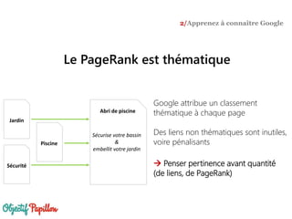 Google attribue un classement
thématique à chaque page
Des liens non thématiques sont inutiles,
voire pénalisants
 Penser pertinence avant quantité
(de liens, de PageRank)
Piscine
Jardin
Sécurité
Abri de piscine
Sécurise votre bassin
&
embellit votre jardin
Le PageRank est thématique
2/Apprenez à connaître Google
 