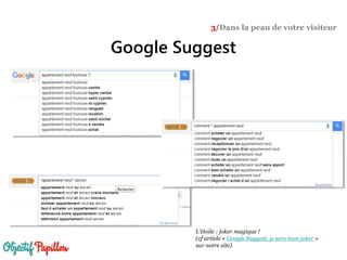 Google Suggest
3/Dans la peau de votre visiteur
L’étoile : joker magique !
(cf article « Google Suggest, je sors mon joker »
sur notre site)
 