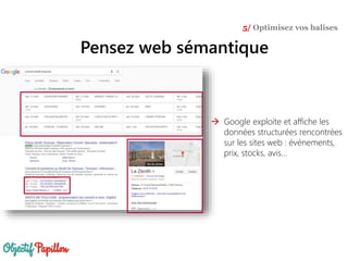 Pensez web sémantique
5/ Optimisez vos balises
 Google exploite et affiche les
données structurées rencontrées
sur les sites web : événements,
prix, stocks, avis…
 