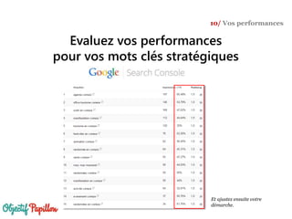Evaluez vos performances
pour vos mots clés stratégiques
10/ Vos performances
Et ajustez ensuite votre
démarche.
 
