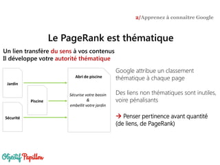 Google attribue un classement
thématique à chaque page
Des liens non thématiques sont inutiles,
voire pénalisants
 Penser pertinence avant quantité
(de liens, de PageRank)
Piscine
Jardin
Sécurité
Abri de piscine
Sécurise votre bassin
&
embellit votre jardin
Le PageRank est thématique
2/Apprenez à connaître Google
Un lien transfère du sens à vos contenus
Il développe votre autorité thématique
 