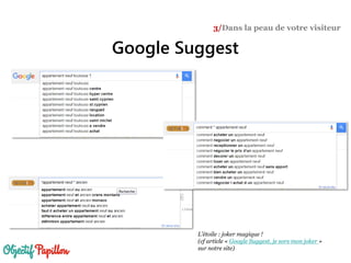 Google Suggest
3/Dans la peau de votre visiteur
L’étoile : joker magique !
(cf article « Google Suggest, je sors mon joker »
sur notre site)
 