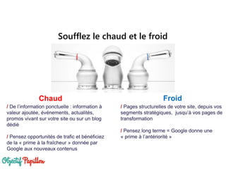 / Pages structurelles de votre site, depuis vos
segments stratégiques, jusqu’à vos pages de
transformation
/ Pensez long terme = Google donne une
« prime à l’antériorité »
/ De l’information ponctuelle : information à
valeur ajoutée, événements, actualités,
promos vivant sur votre site ou sur un blog
dédié
/ Pensez opportunités de trafic et bénéficiez
de la « prime à la fraîcheur » donnée par
Google aux nouveaux contenus
FroidChaud
Soufflez le chaud et le froid
 