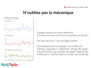Google consacre un temps déterminé
à la visite d’un site, et a horreur de perdre son temps !
Site sera structuré = plus de pages visitées
De nombreux outils et réglages sont à effectuer :
sitemap / pagination / redirections, filtrage des pages
non pertinentes (par exemple, les pages intégrant des
critères de tri / de filtre dans un moteur de recherche),
…
N'oubliez pas la mécanique
8/ Structurez votre site
 