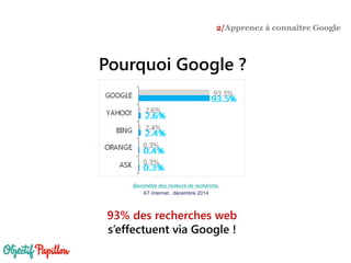 Pourquoi Google ?
2/Apprenez à connaître Google
Baromètre des moteurs de recherche,
AT Internet , décembre 2014
93% des recherches web
s’effectuent via Google !
 