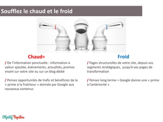 Soufflez le chaud et le froid

Chaud=

Froid

/ De l’information ponctuelle : information à
valeur ajoutée, événements, actualités, promos
vivant sur votre site ou sur un blog dédié

/ Pages structurelles de votre site, depuis vos
segments stratégiques, jusqu’à vos pages de
transformation

/ Pensez opportunités de trafic et bénéficiez de la
« prime à la fraîcheur » donnée par Google aux
nouveaux contenus

/ Pensez long terme = Google donne une « prime
à l’antériorité »

 