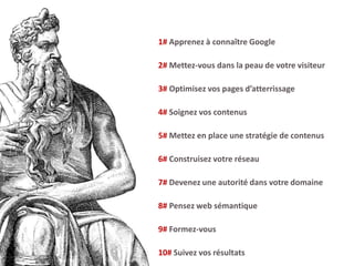 1# Apprenez à connaître Google

2# Mettez-vous dans la peau de votre visiteur
3# Optimisez vos pages d’atterrissage
4# Soignez vos contenus
5# Mettez en place une stratégie de contenus
6# Construisez votre réseau

7# Devenez une autorité dans votre domaine
8# Pensez web sémantique
9# Formez-vous
10# Suivez vos résultats

 