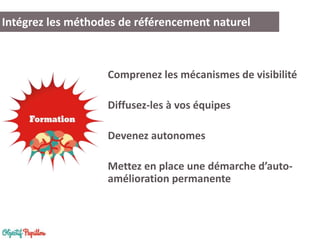 Intégrez les méthodes de référencement naturel

Comprenez les mécanismes de visibilité
Diffusez-les à vos équipes
Devenez autonomes
Mettez en place une démarche d’autoamélioration permanente

 