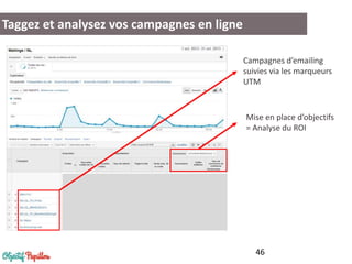 Taggez et analysez vos campagnes en ligne
Campagnes d’emailing
suivies via les marqueurs
UTM

Mise en place d’objectifs
= Analyse du ROI

46

 
