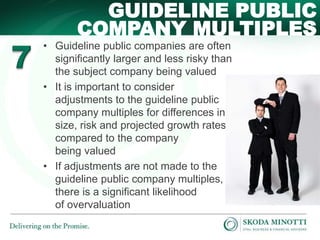 GUIDELINE PUBLIC 
COMPANY MULTIPLES 
• Guideline public companies are often 
significantly larger and less risky than 
the subject company being valued 
• It is important to consider 
adjustments to the guideline public 
company multiples for differences in 
size, risk and projected growth rates 
compared to the company 
being valued 
• If adjustments are not made to the 
guideline public company multiples, 
there is a significant likelihood 
of overvaluation 
 