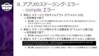 III. アプリのステージング・エラー 
- compile エラー
—  原因 3: ステージングのタイムアウト (デフォルト15分)"
→ 突然無言で終了
—  解決策: ステージングに時間がかからないようにする. 例えば巨大なランタイム・
バイナリはキャッシュする
—  注: CF_STAGING_TIMEOUT は CLI の待ち時間を変えるだけ
—  原因 4: ステージング時のメモリ消費過多 (デフォルト上限1GB)"
→ 突然無言で終了
—  解決策: buildpack がステージング時にまめにメモリを開放することを確認
—  原因 5: ステージング時のディスク消費過多 (デフォルト上限2GB)
—  解決策: buildpack がステージング時にまめに一時ファイルを削除することを確認
2015-04-27T16:49:36.22-0400 [STG/0] ERR /tmp/buildpacks/java-buildpack/bin/compile:41:in `write': Disk
quota exceeded - /tmp/staged/app/some_file (Errno: DQUOT)
 
