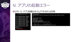 IV. アプリの起動エラー
¢ ERR 10: アプリ起動のタイムアウトまたは失敗
-----> Uploading droplet (14M)
0 of 1 instances running, 1 starting
0 of 1 instances running, 1 starting
0 of 1 instances running, 1 down
0 of 1 instances running, 1 down
0 of 1 instances running, 1 down
0 of 1 instances running, 1 starting
0 of 1 instances running, 1 starting
0 of 1 instances running, 1 down
0 of 1 instances running, 1 down
0 of 1 instances running, 1 starting
0 of 1 instances running, 1 down
FAILED
Start app timeout
(Or, “Start unsuccessful”)
$ cf app jackruby
Showing health and status for app jackruby in org myorg / space myspace as myself...
OK
requested state: started
instances: 0/1
usage: 128M x 1 instances
urls: jackruby.mybluemix.net
last uploaded: Wed Apr 29 18:40:40 UTC 2015
state since cpu memory disk
#0 crashing 2015-04-29 02:42:28 PM 0.0% 0 of 0 0 of 0
 