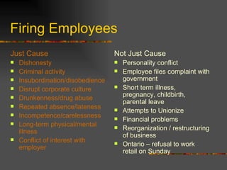 Firing Employees <ul><li>Just Cause </li></ul><ul><li>Dishonesty </li></ul><ul><li>Criminal activity </li></ul><ul><li>Ins...