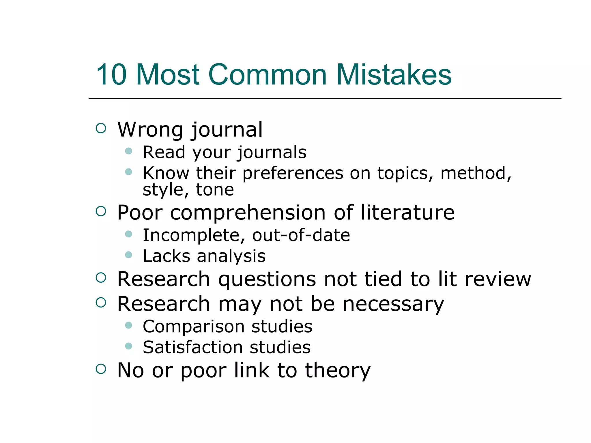 10 Most Common Mistakes Wrong journal Read your journals Know their preferences on topics, method, style, tone Poor comprehension of literature Incomplete, out-of-date Lacks analysis Research questions not tied to lit review Research may not be necessary Comparison studies Satisfaction studies No or poor link to theory