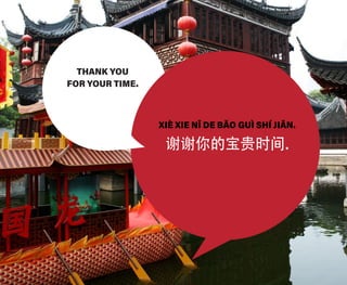 THANK YOU
FOR YOUR TIME.
XIÈ XIE NǏ DE BǍO GUÌ SHÍ JIĀN.
谢谢你的宝贵时间.
 