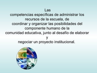 Las competencias específicas de administrar los recursos de la escuela, de coordinar y organizar las posibilidades del componente humano de la comunidad educativa, junto al desafío de elaborar y negociar un proyecto institucional.  