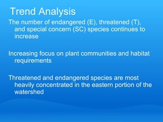 Trend Analysis The number of endangered (E), threatened (T), and special concern (SC) species continues to increase  Increasing focus on plant communities and habitat requirements Threatened and endangered species are most heavily concentrated in the eastern portion of the watershed 