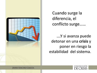 Cuando surge la
diferencia, el
conflicto surge……
….Y si avanza puede
detonar en una crisis y
poner en riesgo la
estabilidad del sistema.
 