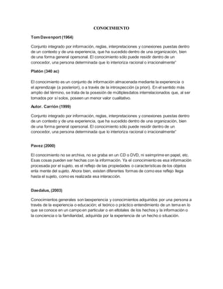 CONOCIMIENTO 
Tom Davenport (1964) 
Conjunto integrado por información, reglas, interpretaciones y conexiones puestas dentro 
de un contexto y de una experiencia, que ha sucedido dentro de una organización, bien 
de una forma general opersonal. El conocimiento sólo puede residir dentro de un 
conocedor, una persona determinada que lo interioriza racional o irracionalmente“ 
Platón (340 ac) 
El conocimiento es un conjunto de información almacenada mediante la experiencia o 
el aprendizaje (a posteriori), o a través de la introspección (a priori). En el sentido más 
amplio del término, se trata de la posesión de múltiplesdatos interrelacionados que, al ser 
tomados por sí solos, poseen un menor valor cualitativo. 
Autor. Carrión (1999) 
Conjunto integrado por información, reglas, interpretaciones y conexiones puestas dentro 
de un contexto y de una experiencia, que ha sucedido dentro de una organización, bien 
de una forma general opersonal. El conocimiento sólo puede residir dentro de un 
conocedor, una persona determinada que lo interioriza racional o irracionalmente“ 
Pavez (2000) 
El conocimiento no se archiva, no se graba en un CD o DVD, ni seimprime en papel, etc. 
Esas cosas pueden ser hechas con la información. Ya el conocimiento es esa información 
procesada por el sujeto, es el reflejo de las propiedades o características de los objetos 
enla mente del sujeto. Ahora bien, existen diferentes formas de como ese reflejo llega 
hasta el sujeto, como es realizada esa interacción. 
Daedalus, (2003) 
Conocimientos generales son laexperiencia y conocimientos adquiridos por una persona a 
través de la experiencia o educación; el teórico o práctico entendimiento de un tema en lo 
que se conoce en un campo en particular o en eltotales de los hechos y la información o 
la conciencia o la familiaridad, adquirida por la experiencia de un hecho o situación. 
 