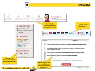 9RASSUREZElements de rassurance en bas de page (damart.fr)Logos et labels (boulanger.fr)Elements de rassurance dans le panier(wonderbox.fr)Message d’accueil du formulaire de demande de crédit de cofidis.fr
