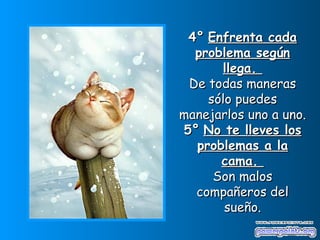 4°4° Enfrenta cadaEnfrenta cada
problema segúnproblema según
llega.llega.
De todas manerasDe todas maneras
sólo puedessólo puedes
manejarlos uno a uno.manejarlos uno a uno.
5°5° No te lleves losNo te lleves los
problemas a laproblemas a la
cama.cama.
Son malosSon malos
compañeros delcompañeros del
sueño.sueño.
 