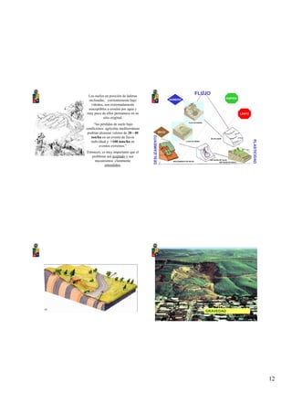 12
Los suelos en posición de laderas
inclinadas, corrientemente bajo
viñedos, son extremadamente
susceptibles a erosión por agua y
muy poco de ellos permanece en su
sitio original.
“las pérdidas de suelo bajo
condiciones agrícolas mediterráneas
podrían alcanzar valores de 20 - 40
ton/ha en un evento de lluvia
individual y >100 tons/ha en
eventos extremos.”
Entonces, es muy importante que el
problema sea aceptado y sus
mecanismos claramente
entendidos.
FLUJO
SOLIFLUXIONSOLIFLUXION
REPTACION DE TALUDREPTACION DE TALUD
DESLIZAMIENTO
PLASTICIDAD
HUMEDO
SECO
LENTO
RAPIDO
REPTACION DE SUELOREPTACION DE SUELO
FLUJO DE TIERRAFLUJO DE TIERRA
FLUJO DE BARROFLUJO DE BARRO
DESLIZAMIENTO DE ROCASDESLIZAMIENTO DE ROCAS
GRAVEDAD
 